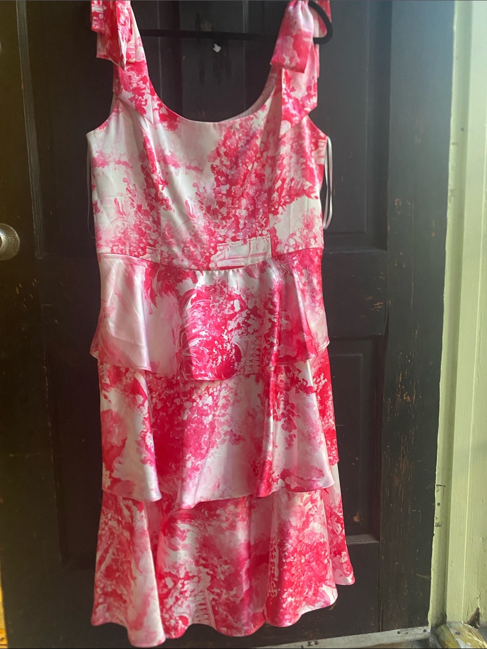 ' Pink and White Floral Tiered Dress with Tie Straps